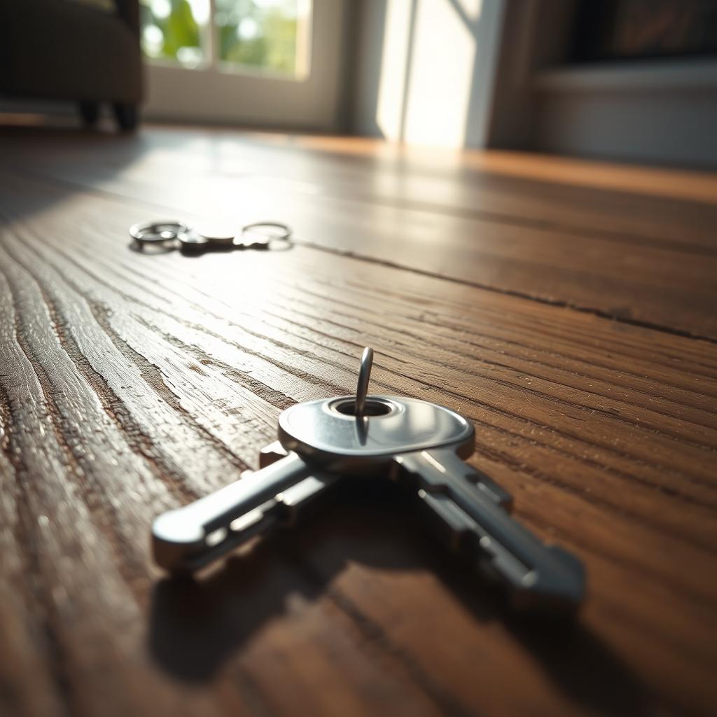 A detailed scene depicting a shiny, silver key lying on a textured wooden floor