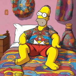 Homer Simpson sitting on a bed, dressed flamboyantly as a hippie. He wears colorful, patterned clothes, a headband, and glasses, with a peace necklace around his neck.