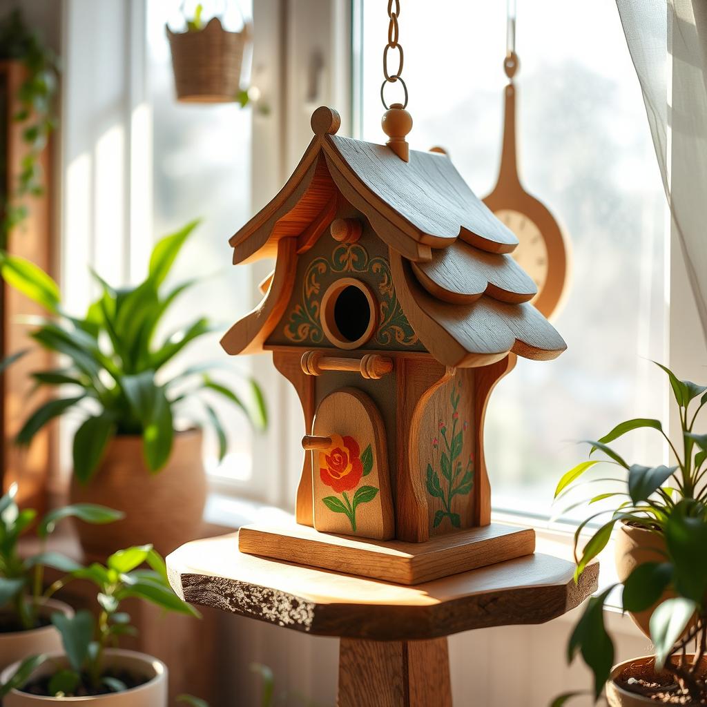 An interior scene of a cozy home featuring a beautifully crafted birdhouse