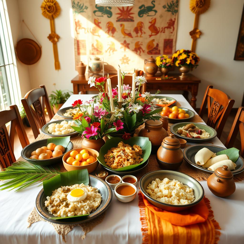 A beautifully decorated dining table set for a traditional New Year celebration in Sri Lanka