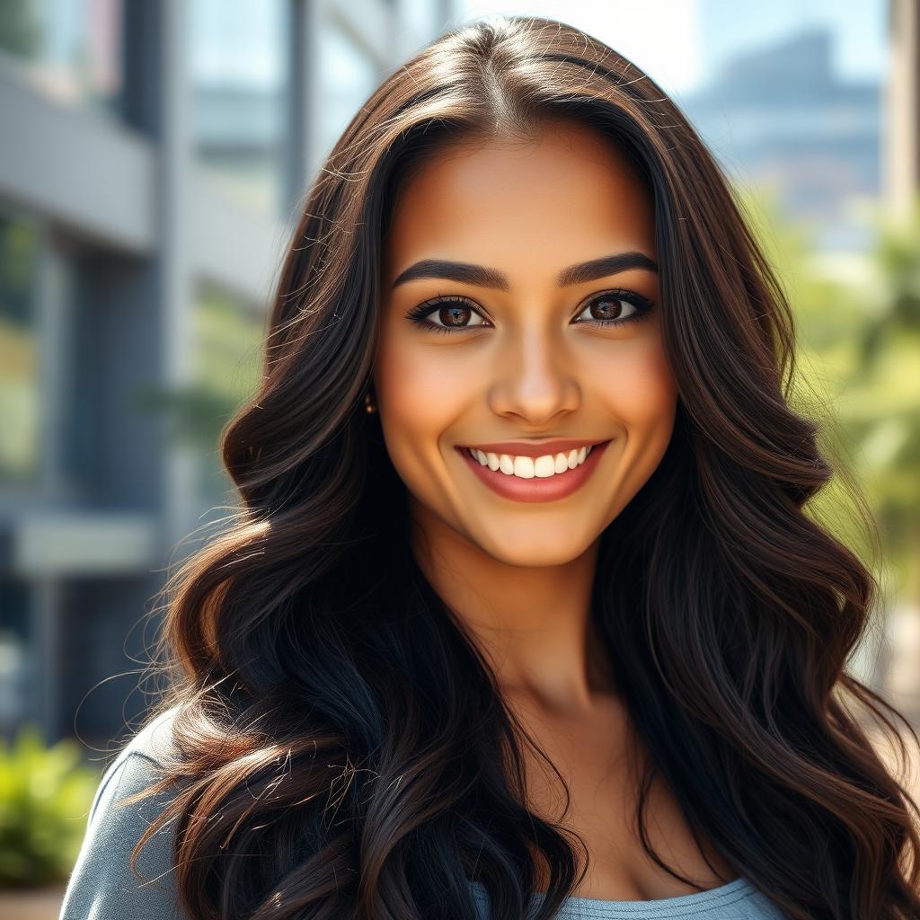 A close-up portrait of a confident young woman with long wavy dark hair, radiant skin and bright brown eyes that sparkle with joy