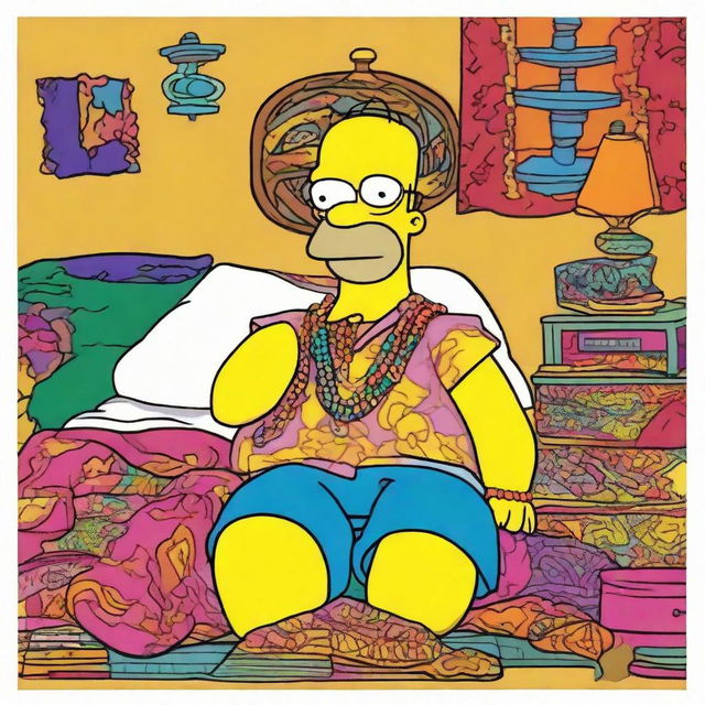 Homer Simpson sitting on a bed, dressed flamboyantly as a hippie. He wears colorful, patterned clothes, a headband, and glasses, with a peace necklace around his neck.