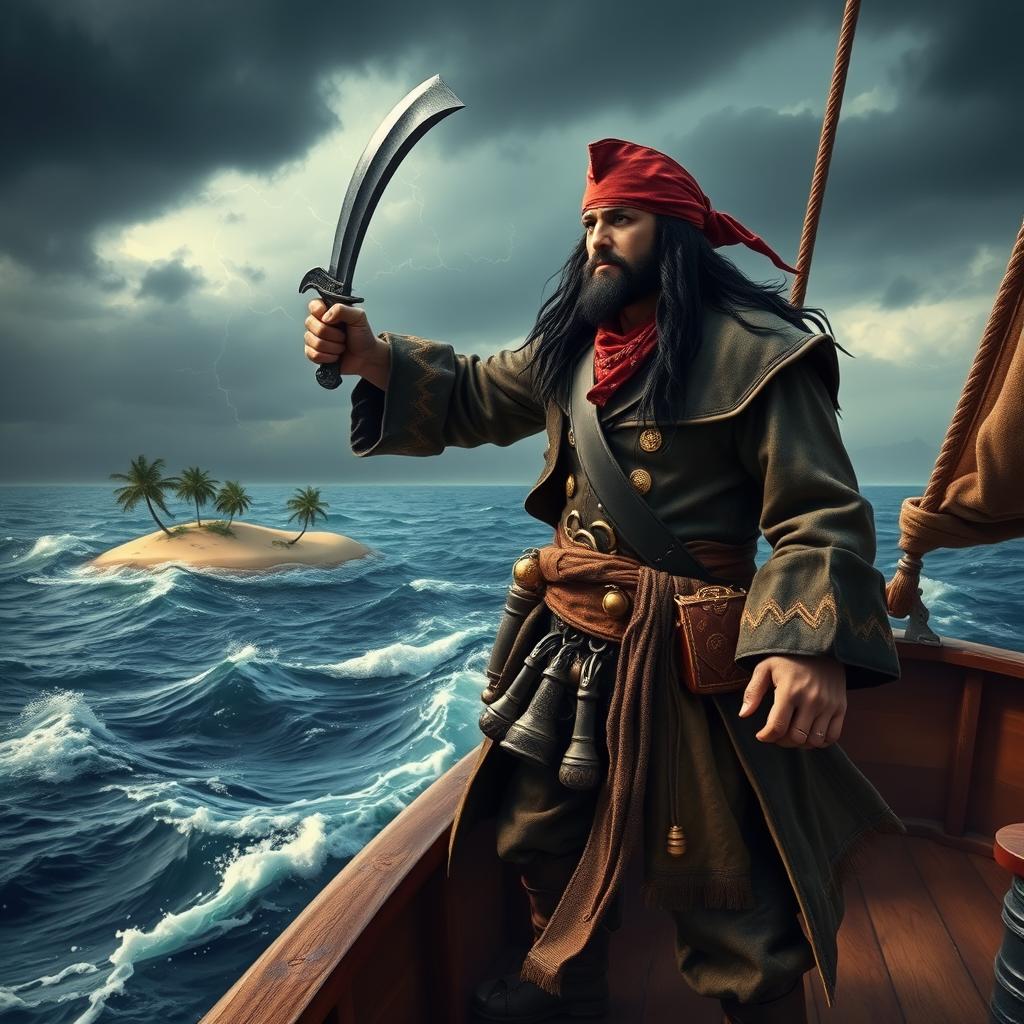 A fierce pirate captain standing on the bow of a ship, holding a cutlass and looking bravely into the distance