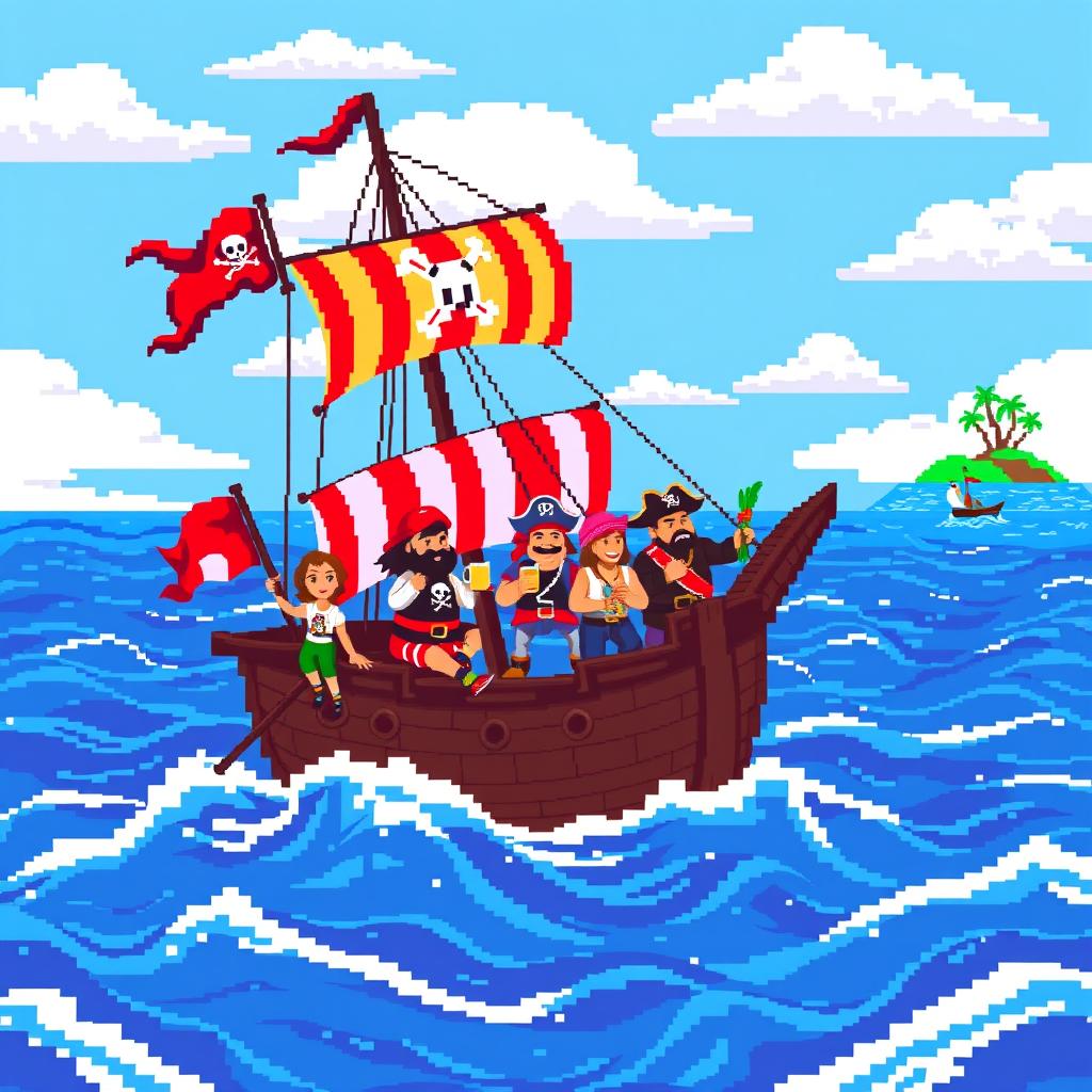 A vibrant scene of pixel art depicting a pirate ship sailing on a pixelated ocean, with a clear blue sky and pixelated clouds
