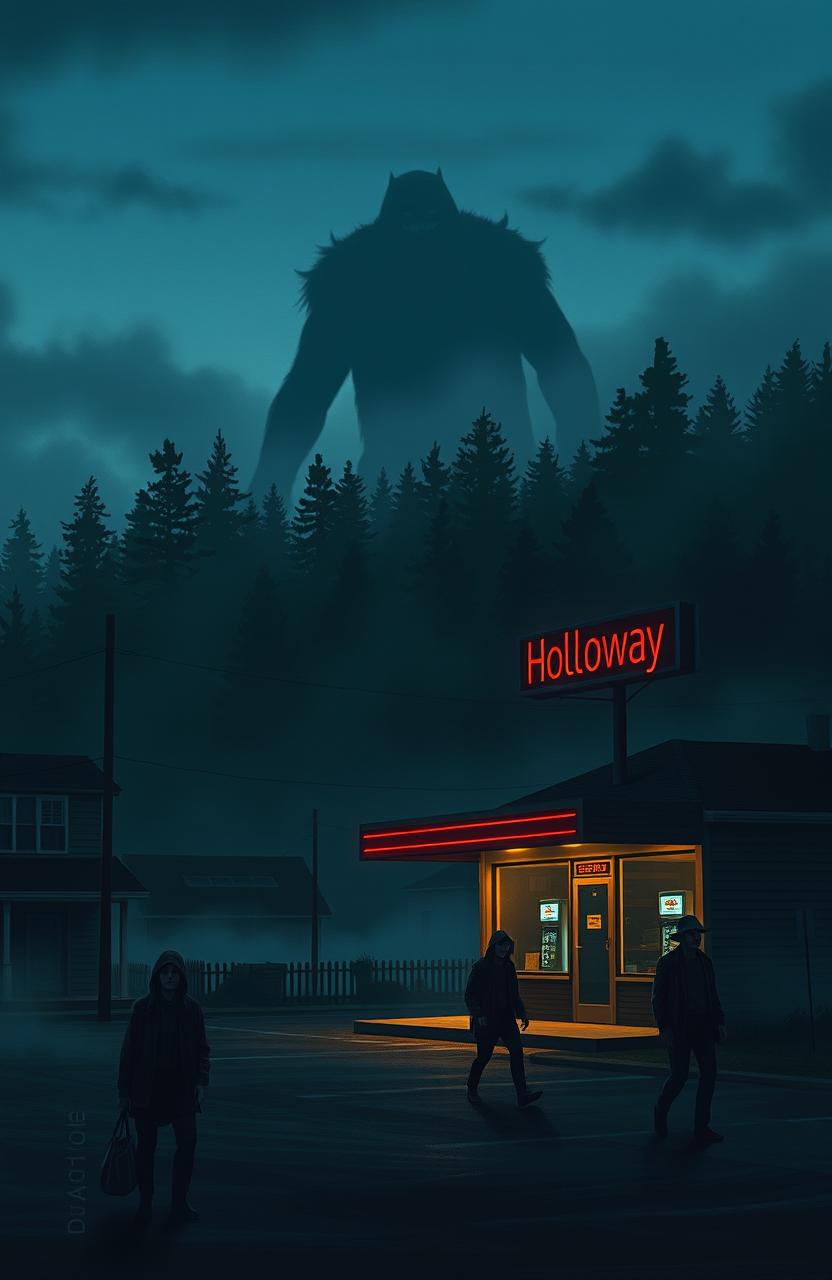 A small, eerie town named Holloway depicted at dusk, with a single vintage gas station illuminated by a flickering neon sign