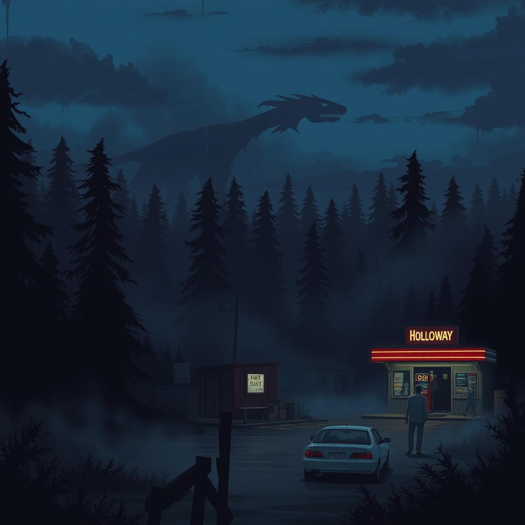 A small, eerie town named Holloway depicted at dusk, with a single dimly lit gas station that stands out in the fading light