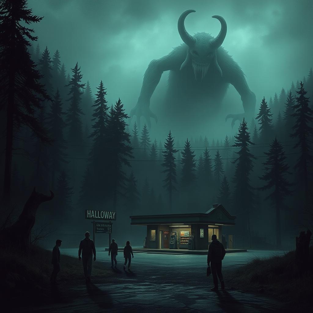 A small, eerie town called Halloway, featuring a solitary gas station and dark, foreboding forests surrounding it