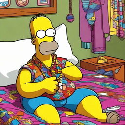 Homer Simpson sitting on a bed, dressed flamboyantly as a hippie. He wears colorful, patterned clothes, a headband, and glasses, with a peace necklace around his neck.