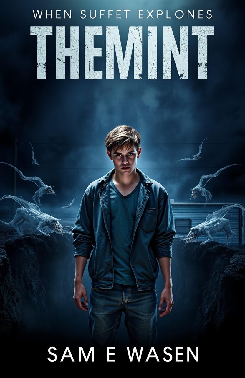 A dramatic book cover featuring a young man named Sam, with a troubled expression, standing at the edge of a dark, foreboding pit that is surrounded by shadowy, ethereal demons that represent his past