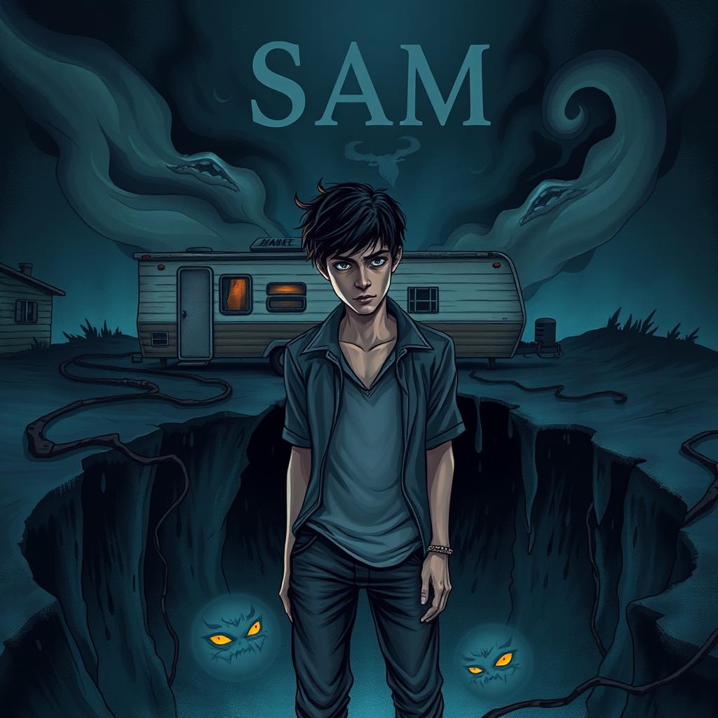 A captivating book cover illustration showcasing Sam, a young man in his twenties, looking distraught as he stands at the edge of a dark, ominous pit filled with swirling shadows and forms of ethereal demons that reflect his troubled past