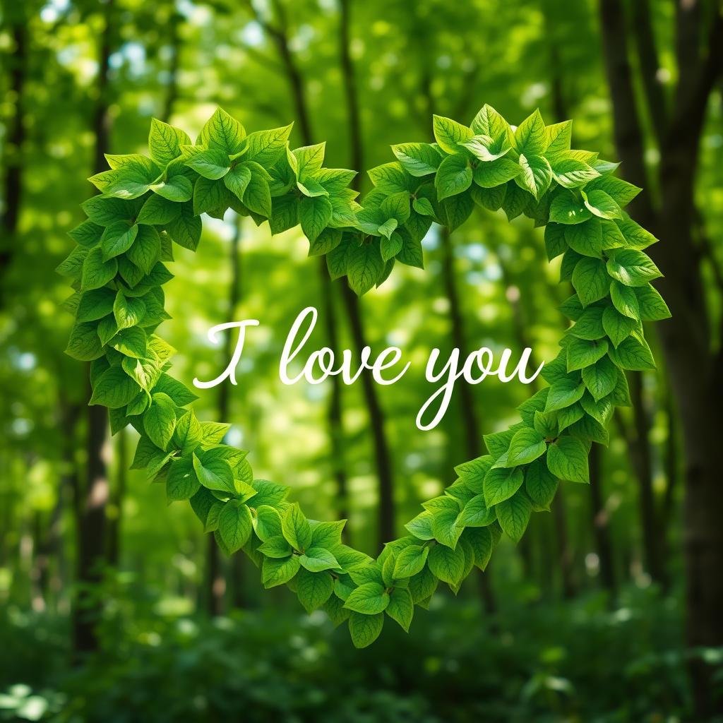 A vibrant heart shape made from numerous green leaves, intricately arranged and layered to form the outline of a heart