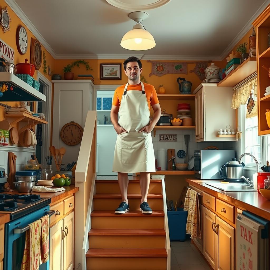 A vibrant kitchen scene with the same composition as the original photo, featuring a figure standing on a staircase