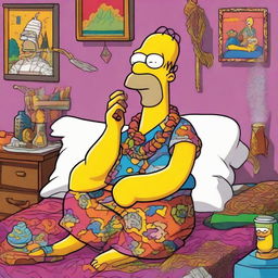 Homer Simpson sitting on a bed, attired as a vibrant hippie. He has a massive cigar perched in his mouth, emitting wisps of smoke. His attire consists of multicolored, patterned clothes, a headband, and glasses, with a peace symbol necklace.