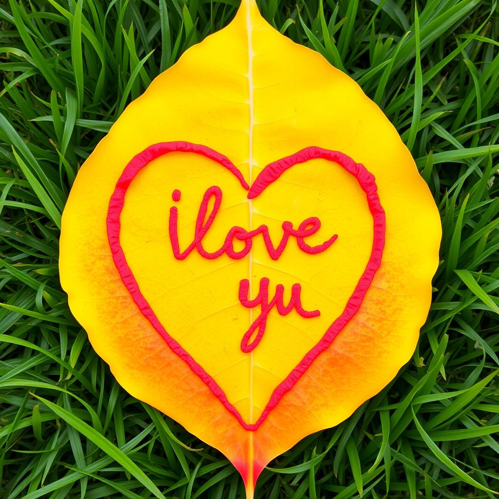 A vibrant yellow leaf lying on a green grass background