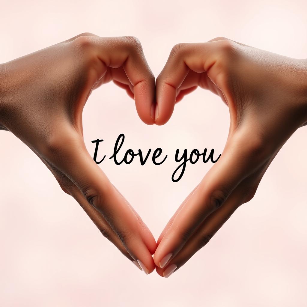 A heart shape created by two hands coming together, with the phrase "I love you" artistically written across the heart