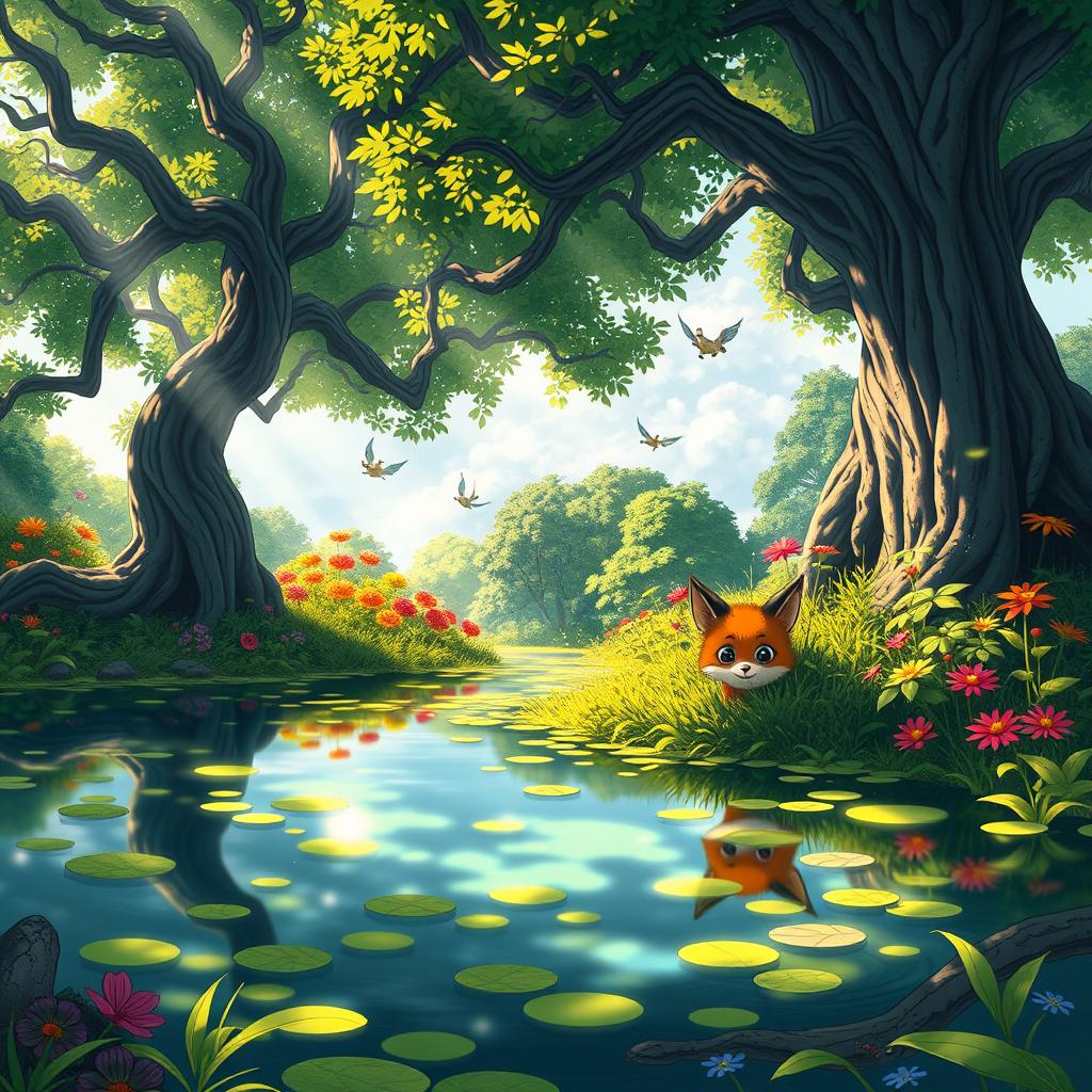 A fantastical scene inspired by Ghibli art style, featuring a lush, vibrant forest filled with whimsical creatures and bright, colorful plants