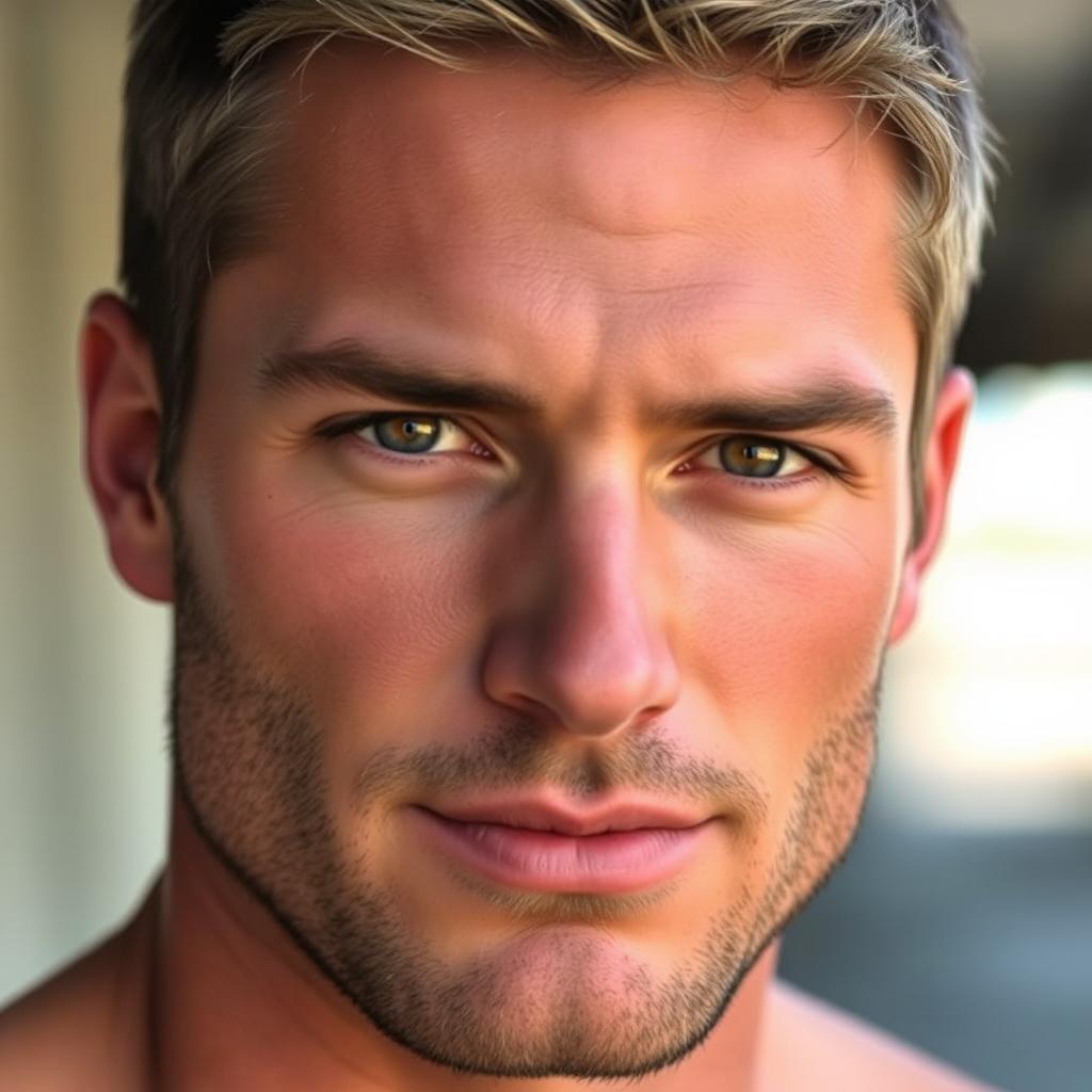 A close-up portrait of a ruggedly handsome man with striking features and a well-defined jawline, showcasing his facial structure without a beard