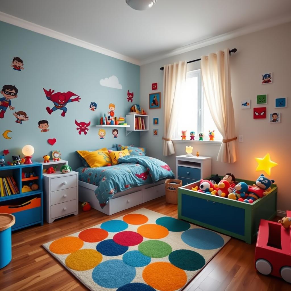 A beautifully designed bedroom for a 4-year-old boy, featuring bright and playful colors