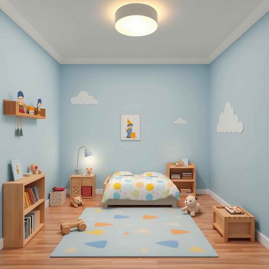 A cozy and simple bedroom designed for a 4-year-old boy, featuring a light blue color scheme