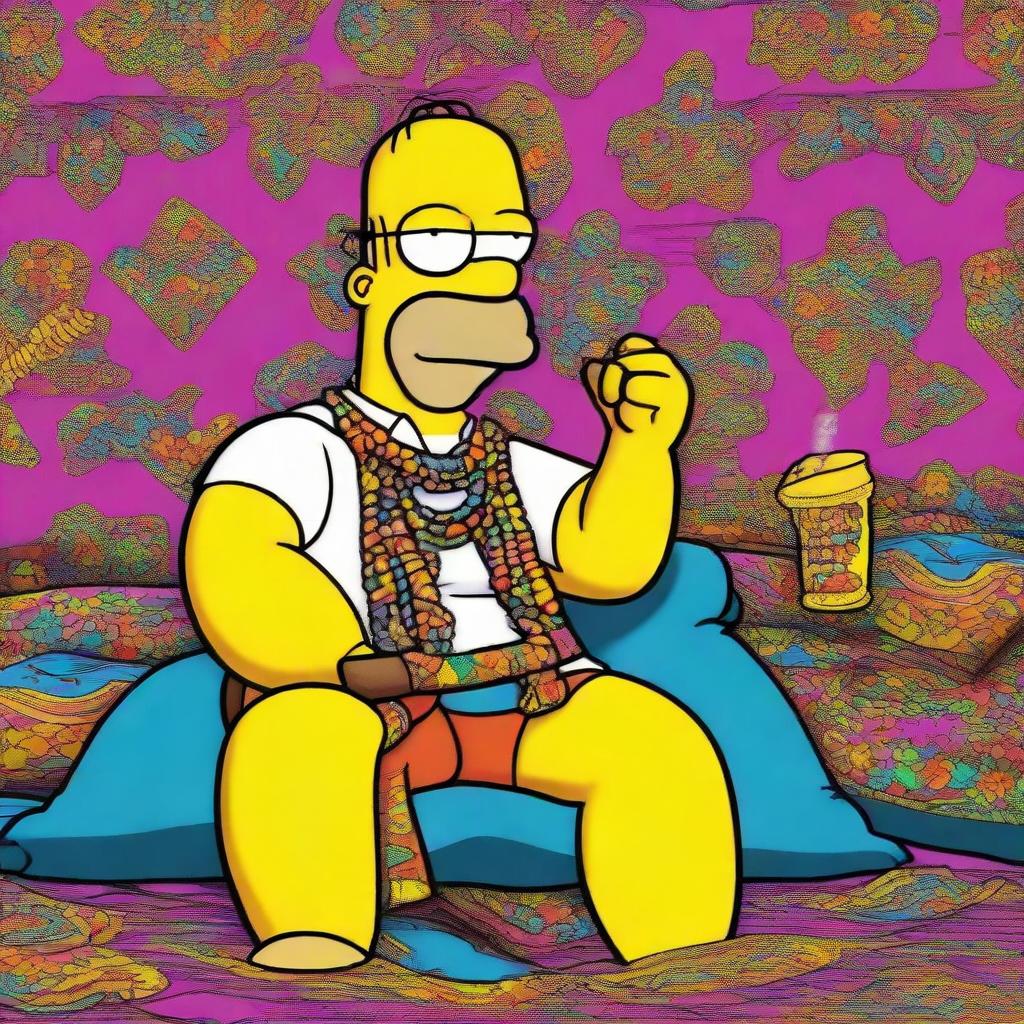 Homer Simpson sitting on a bed, attired as a vibrant hippie. He has a massive cigar perched in his mouth, emitting wisps of smoke. His attire consists of multicolored, patterned clothes, a headband, and glasses, with a peace symbol necklace.