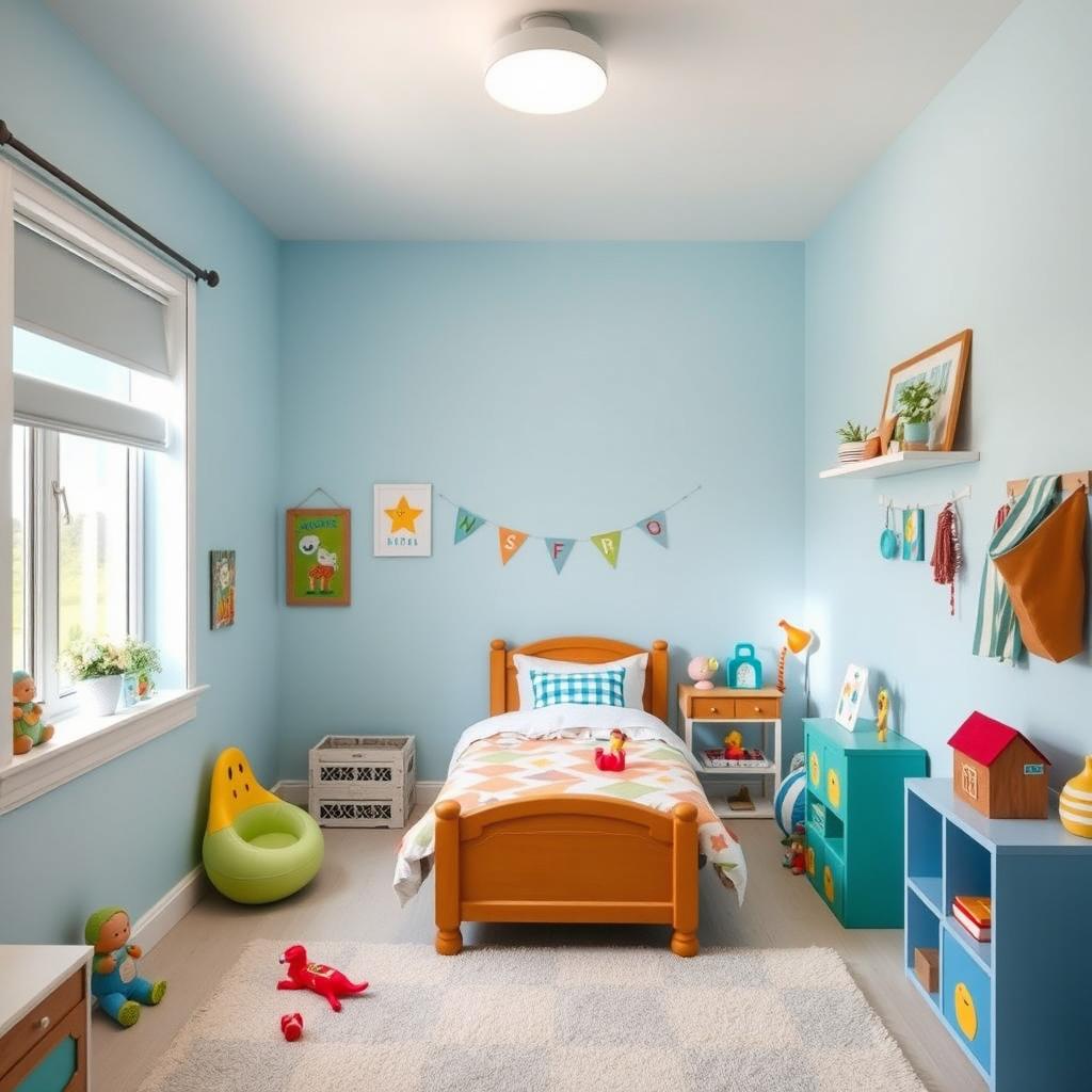 A cozy and simple room designed for a 4-year-old boy, featuring light blue walls and cheerful decor