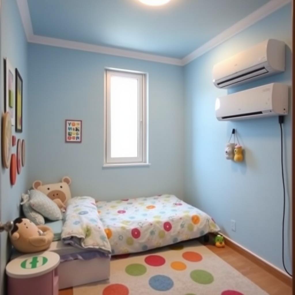 A cozy and bright kids' room designed for a 4-year-old boy, featuring light blue walls and a simple yet cheerful decor