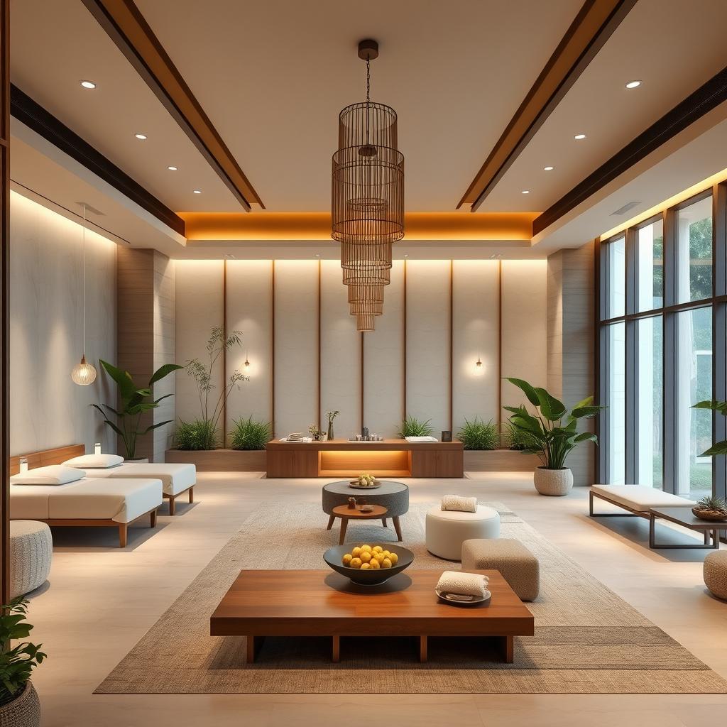 Interior design for a luxurious spa, with a focus on serene style and calming atmosphere