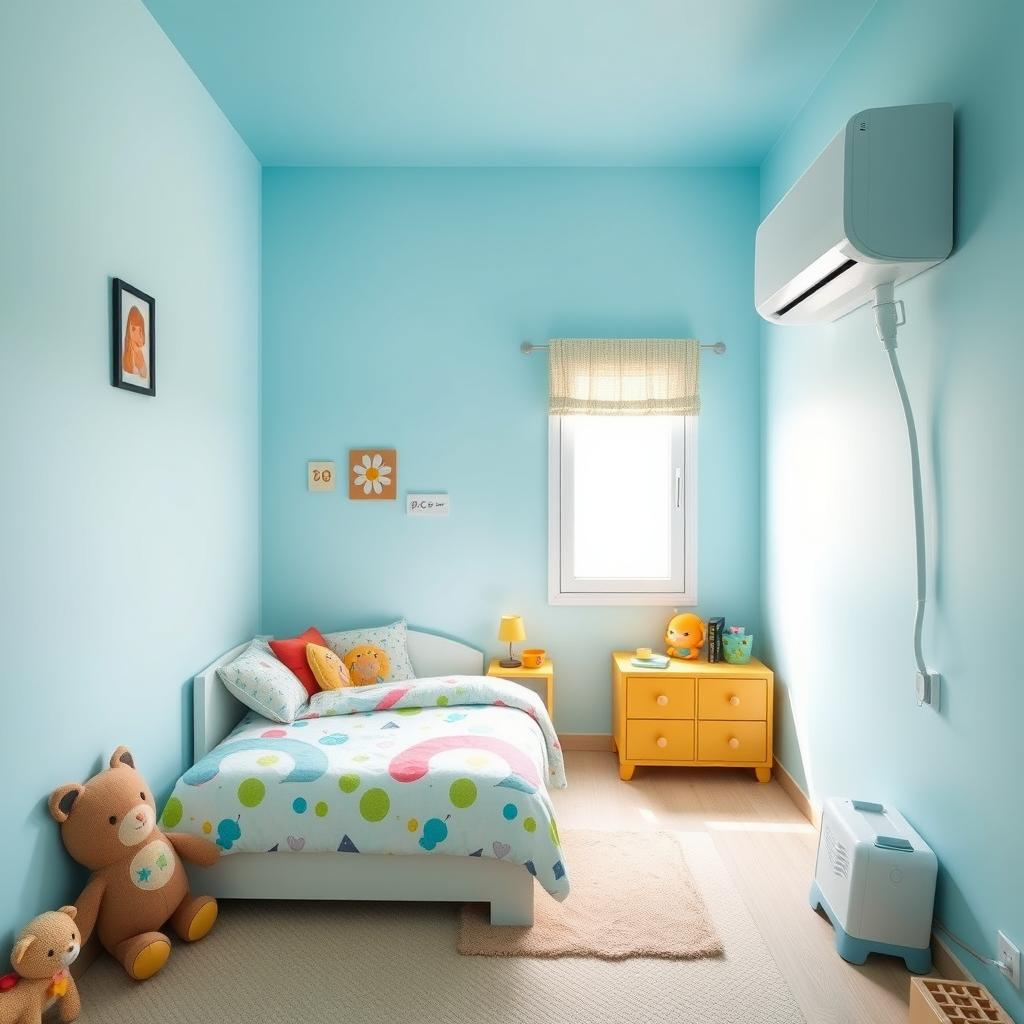 A cozy and simple bedroom designed for a 4-year-old boy, featuring light blue walls