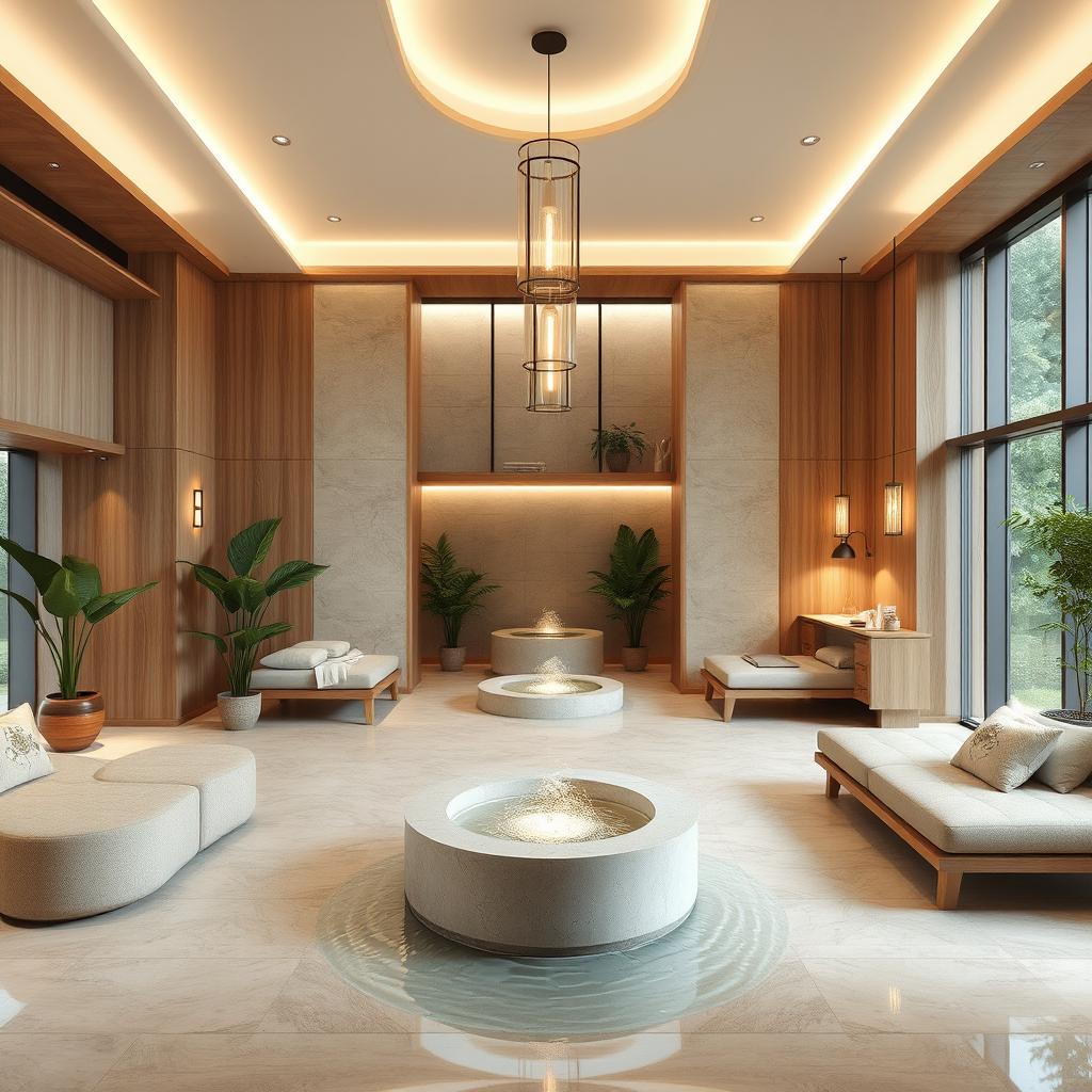 An interior design concept for a serene and luxurious spa, showcasing a harmonious blend of natural materials like wood and stone