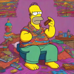 Homer Simpson sitting on a bed, attired as a vibrant hippie. He has a massive cigar perched in his mouth, emitting wisps of smoke. His attire consists of multicolored, patterned clothes, a headband, and glasses, with a peace symbol necklace.