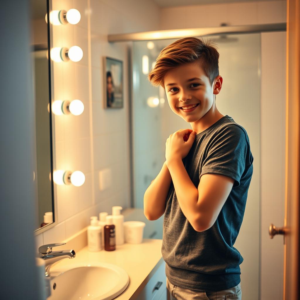 A medium shot of a confident young boy standing in his bathroom, looking at himself in the mirror