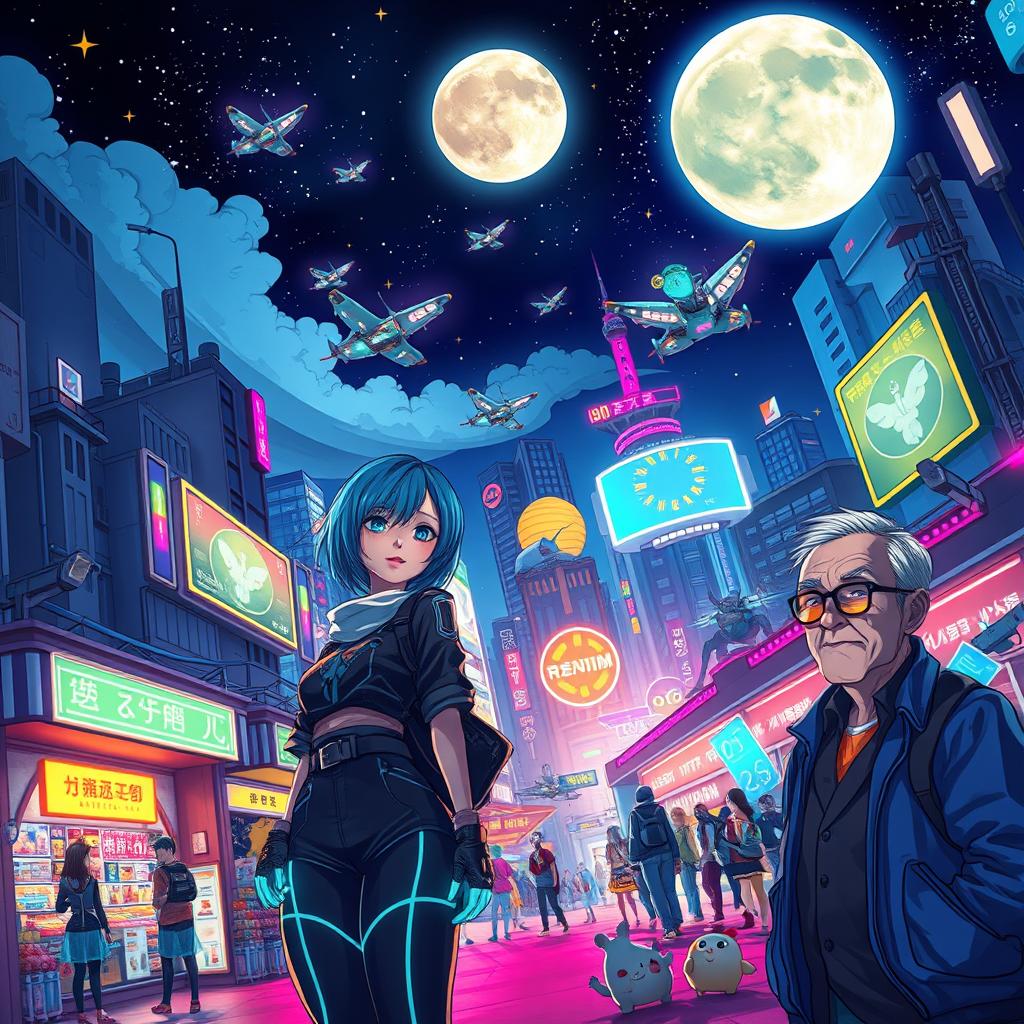 A vibrant anime-style illustration of a futuristic cityscape at night, featuring glowing neon lights and flying cars zooming through the sky