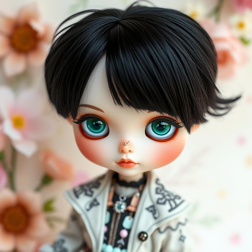 A charming Blythe doll featuring luscious black hair with a stylish fringe, adorned with a trendy septum piercing