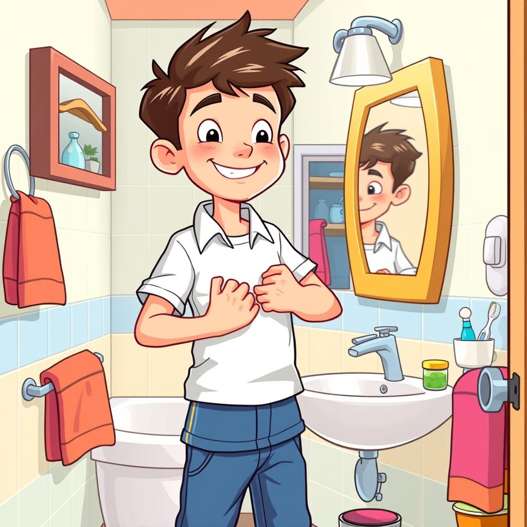 A medium shot of a confident boy standing in his bathroom, looking at himself in the mirror
