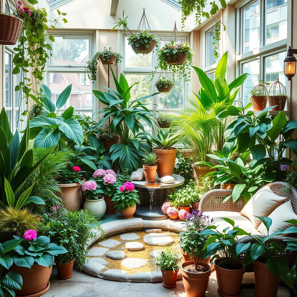A beautiful indoor garden, featuring a variety of lush green plants, colorful flowers, and decorative plant pots