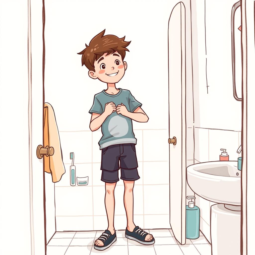 A medium shot of a boy standing confidently in his home bathroom, looking at himself in the mirror