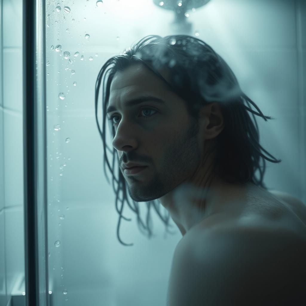 A close-up shot of a mysterious man appearing in the shower, his figure ethereal and almost translucent, suggesting he is returning from another dimension