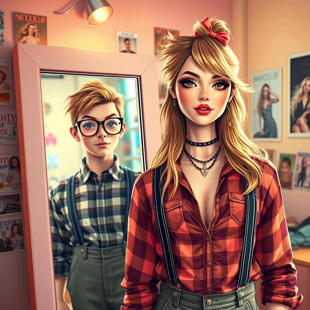 An enchanting scene illustrating the transformation of a nerdy boy into a beautiful and fashionable girl