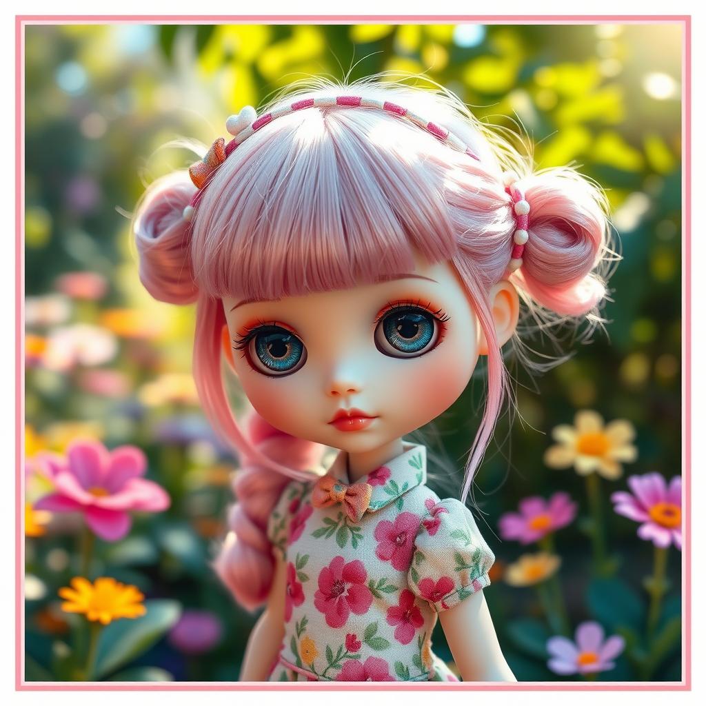 A realistic and detailed Blythe doll inspired image featuring a doll with oversized eyes, pastel pink hair styled in playful pigtails, wearing a retro-inspired outfit with a bright floral pattern and a matching headband
