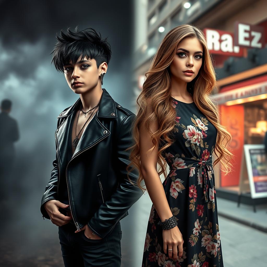 A captivating transformation scene where a goth boy transitions into a beautiful and fashionable girl