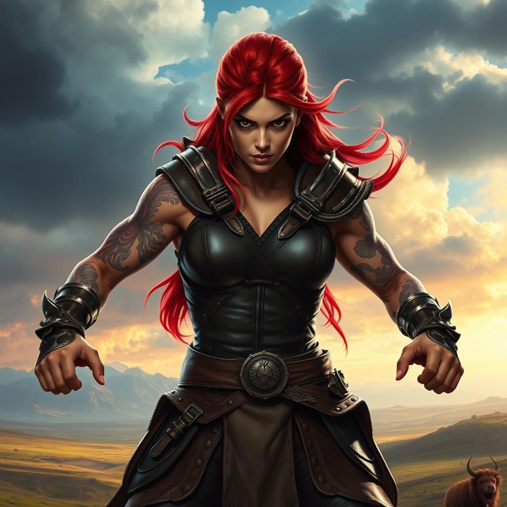 A fierce warrior with striking red hair, adorned with intricate tattoos covering her arms and shoulders