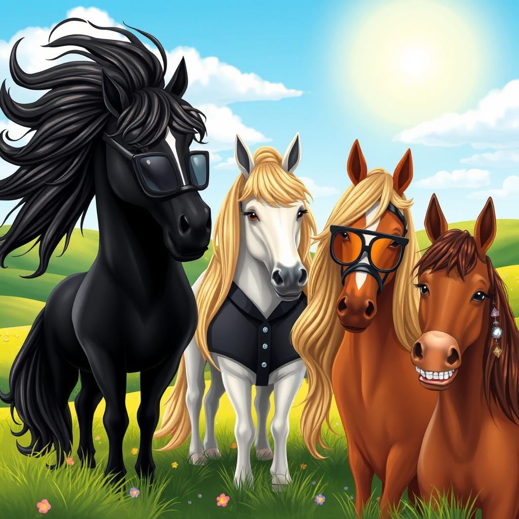 A whimsical scene featuring five friends depicted as horses in an enchanting landscape