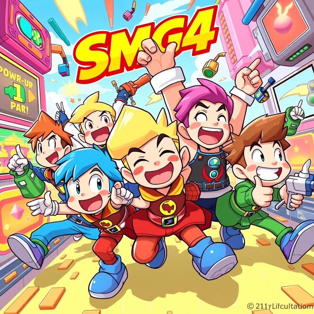 A vibrant and dynamic illustration featuring characters inspired by the SMG4 series, set in a colorful video game-inspired world