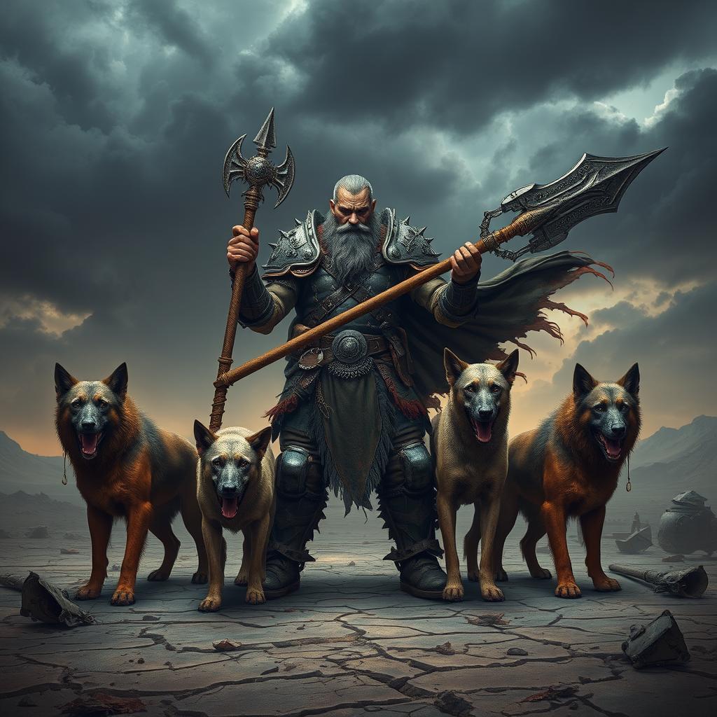 A fierce dystopian warlord standing confidently amidst a desolate landscape, wielding an ornate weapon that reflects the chaos of the world around him