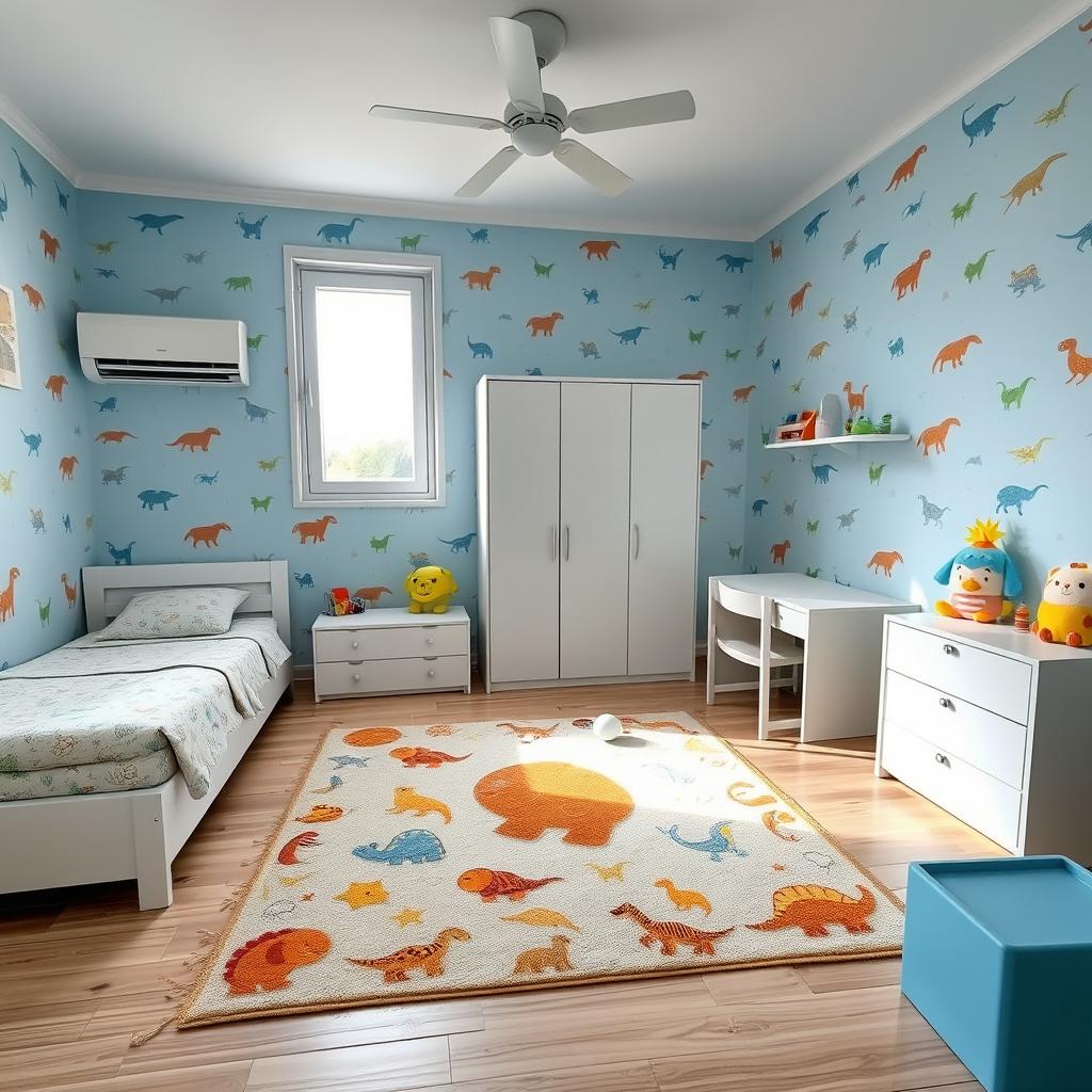 A beautifully designed children's bedroom for a 4-year-old boy, measuring 3m x 4m, with a wall color of light blue