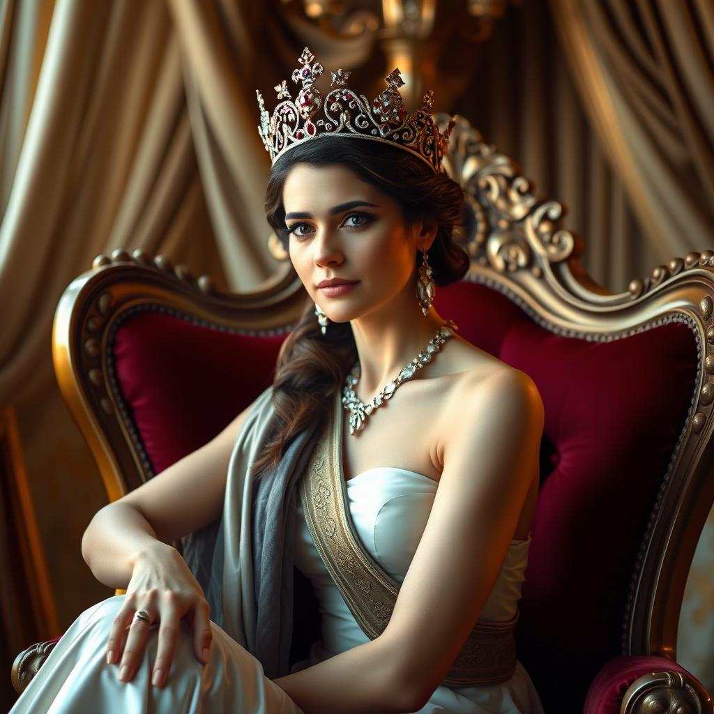 A regal woman sitting gracefully on an ornate chair, wearing an elegant crown that glimmers with jewels