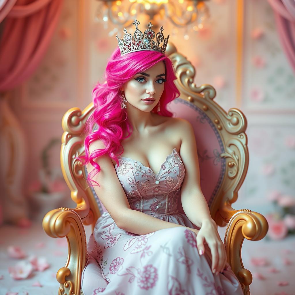 A whimsical and elegant scene featuring a woman with vibrant pink hair sitting gracefully on a beautifully ornate chair