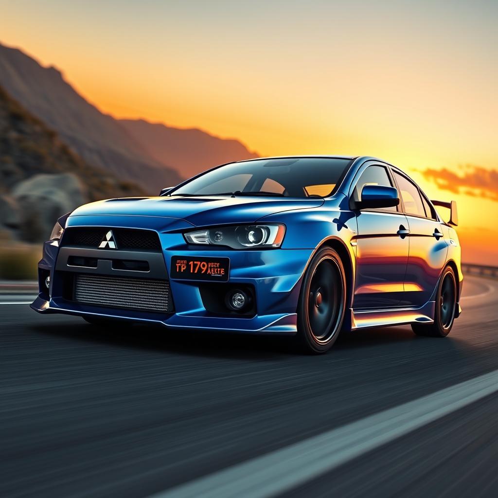 A detailed and realistic rendering of a Mitsubishi Evo IX, showcasing its iconic sleek lines, aggressive front grille, and sporty body kit