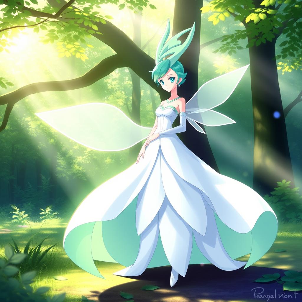 A whimsical yet magical scene featuring you standing elegantly next to a beautiful Pokémon Gardevoir