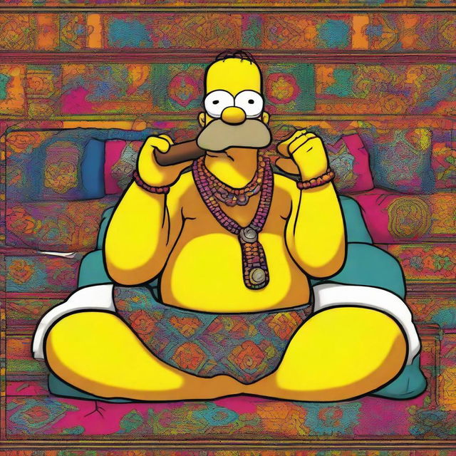 Homer Simpson sitting on a bed, dressed in kaleidoscopic hippie attire, smoking a sizeable cigar. He is wearing patterned clothes, a headband, glasses, and a peace sign necklace.